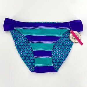 NWT Reversible Swimsuit Bikini Bottoms Juniors Sz Large Blue Teal Strip Ruched